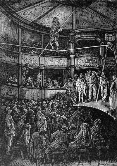 Blondin w Shoreditch, z „Londyn, pielgrzymka”, napisany przez Williama Blancharda Jerrolda (1826-94) i ryty przez Gaucharda, wyd. 1872 autorstwa Gustave Dore